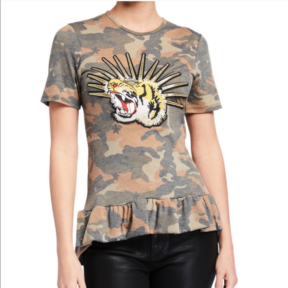 🌟Melissa Masse Camo Ruffle-hem T-shirt with Tiger🌟